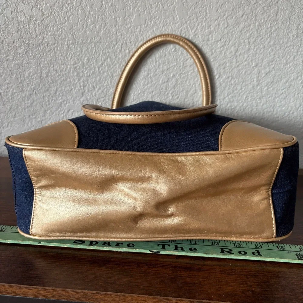 Neiman Marcus Denim & Metallic Gold Faux Leather Tote Bag Large Y2K Shoulder Bag